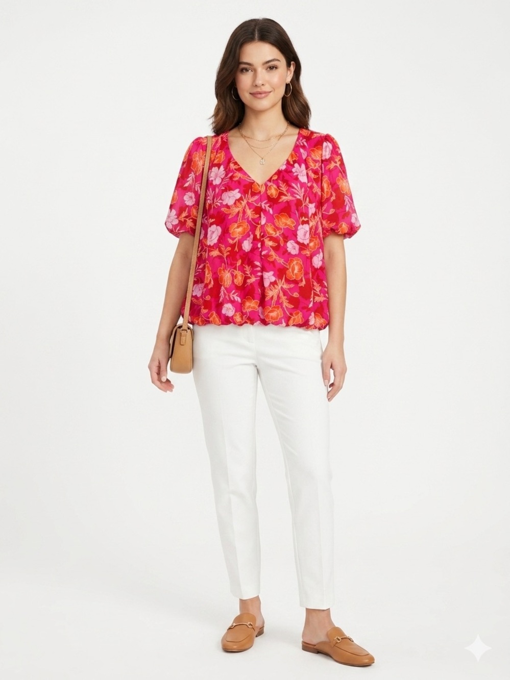 Pleione Hot Pink & Orange Floral V-Neck Short Sleeve Bubble Blouse Sz M Lined